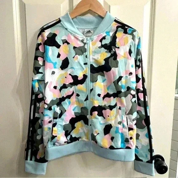 GUC Adidas XL size 16 girls 3-stripe jacket in a fun colorful camo. Athletic - Picture 1 of 16
